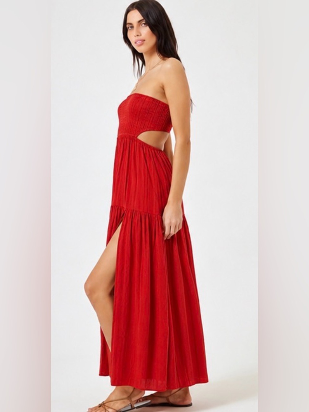 NWT LSPACE TINA LINEN BLEND MAXI DRESS SMALL POPPY RED STRAPLESS CUTOUT LEG SLIT